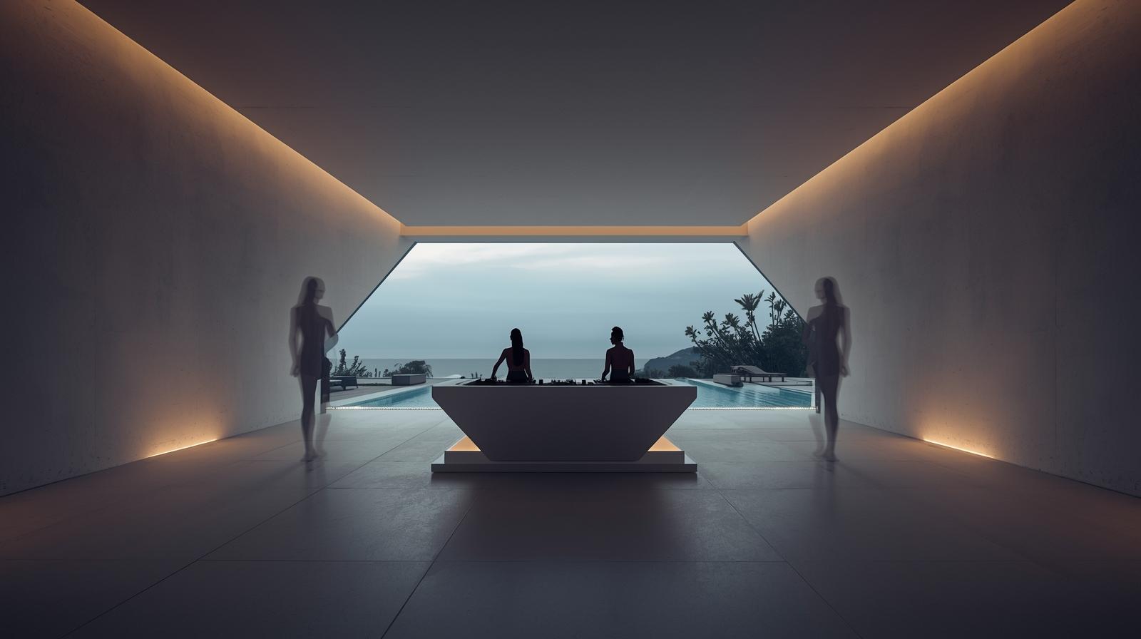 A minimalist and clean photography style capturing a sleek, futuristic DJ booth within a modern villa, overlooking a serene pool. Silhouettes of Pacific Islander women are subtly integrated aro (2)